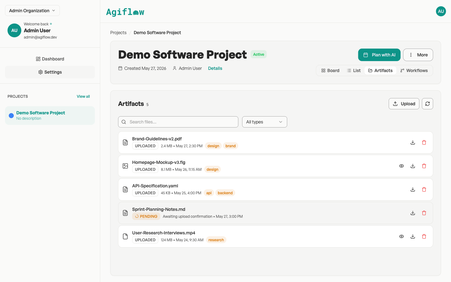 The Artifacts tab inside a project lists uploaded files, designs, and references that are shared across all tasks in the project.