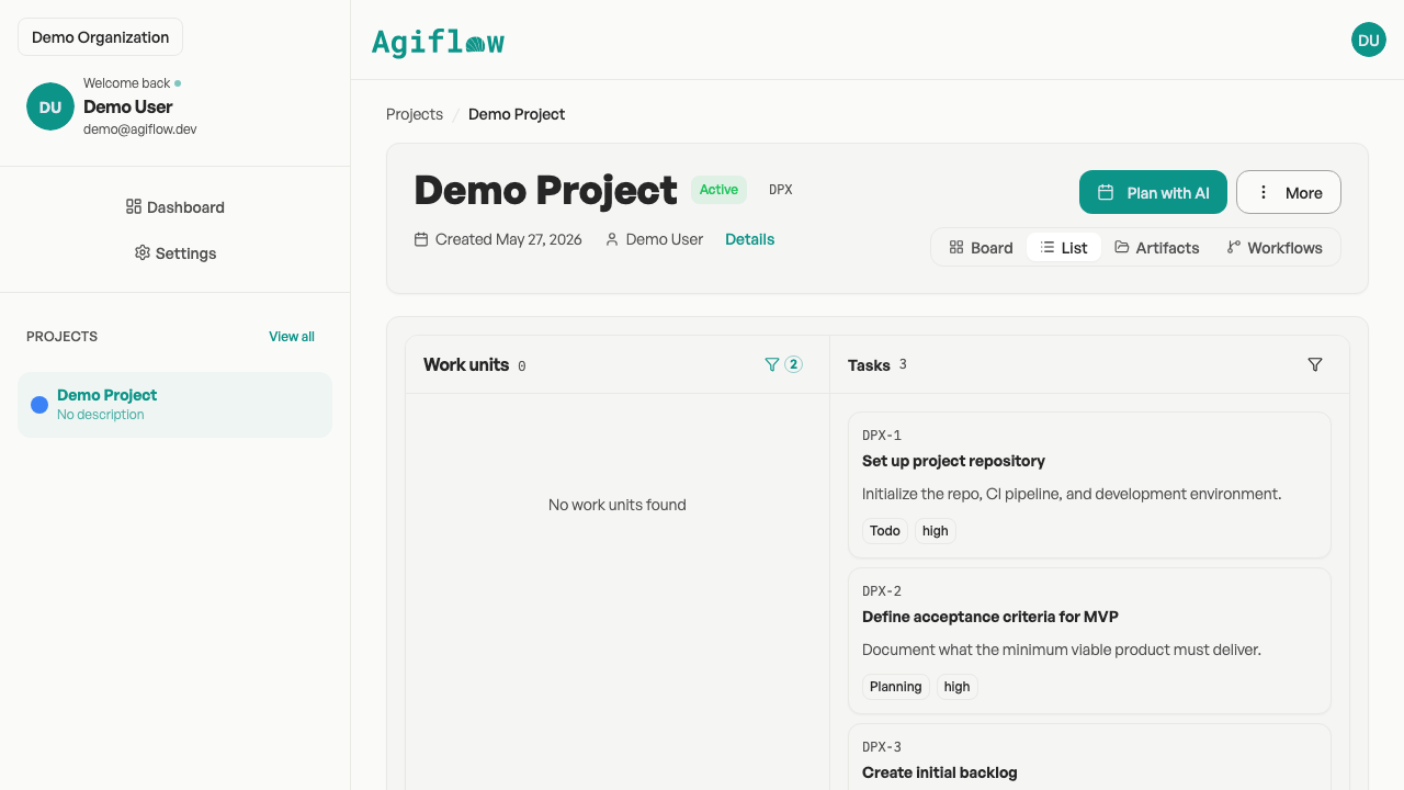 Project list view showing work units and tasks in a filterable, sortable table layout.