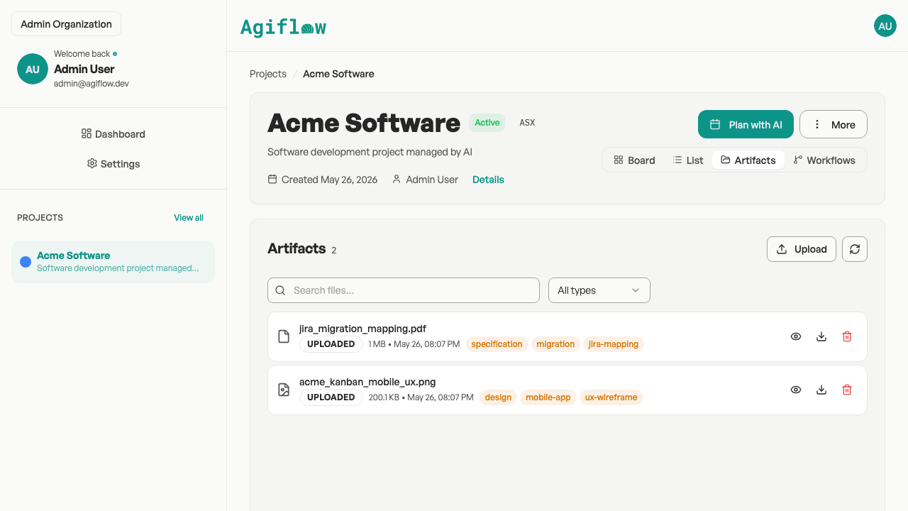 Screenshot of Agiflow project artifacts tab showing upload area and populated table with specifications and assets