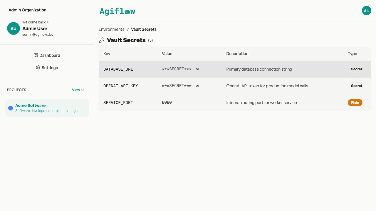 Screenshot of Agiflow vault secret manager listing keys with values safely masked